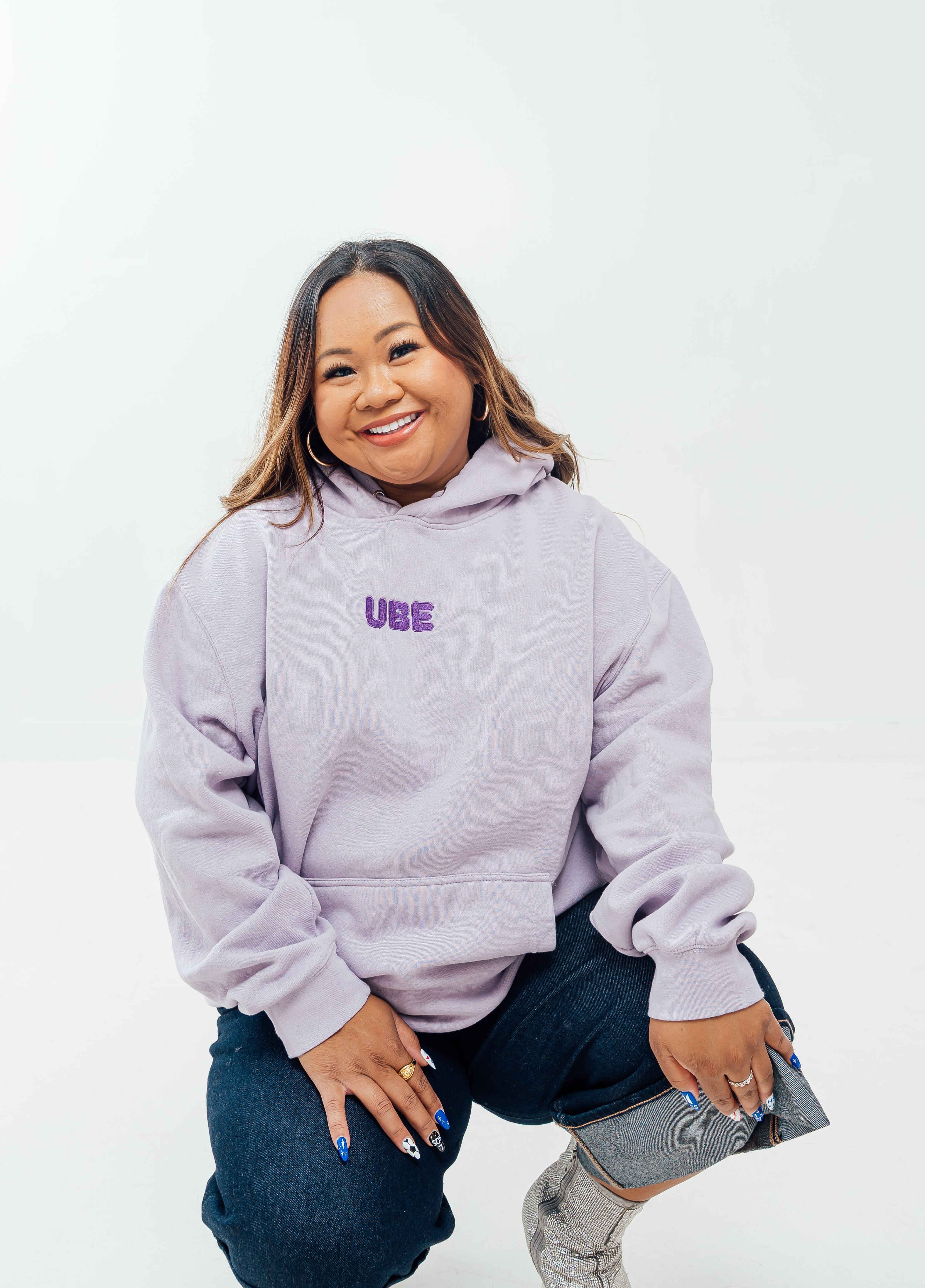 woman wearing ube hoodie